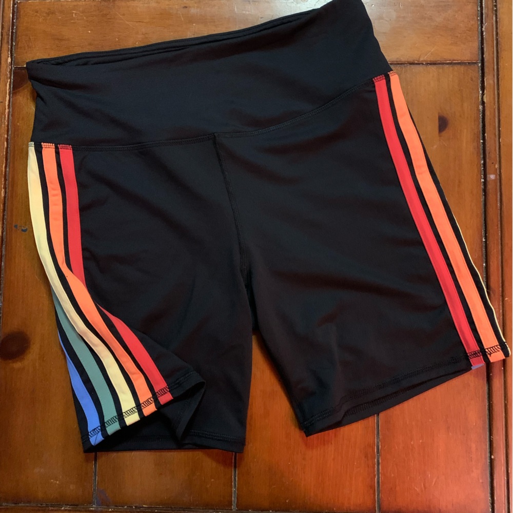 So brand women’s legging shorts, black with rainbow stripes, size L